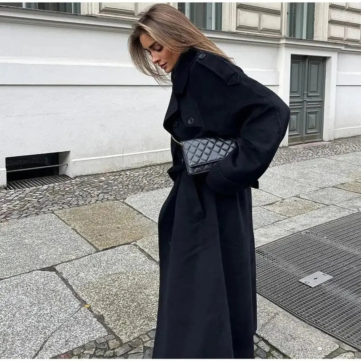 Women's Winter Coat Double-Breasted Belted Long Wool-Look Trench