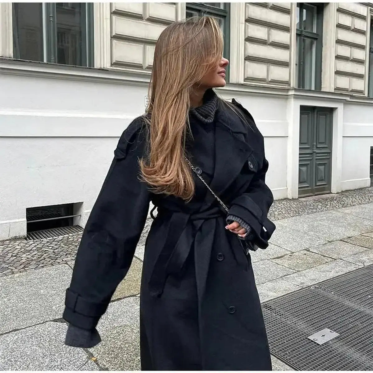 Women's Winter Coat Double-Breasted Belted Long Wool-Look Trench