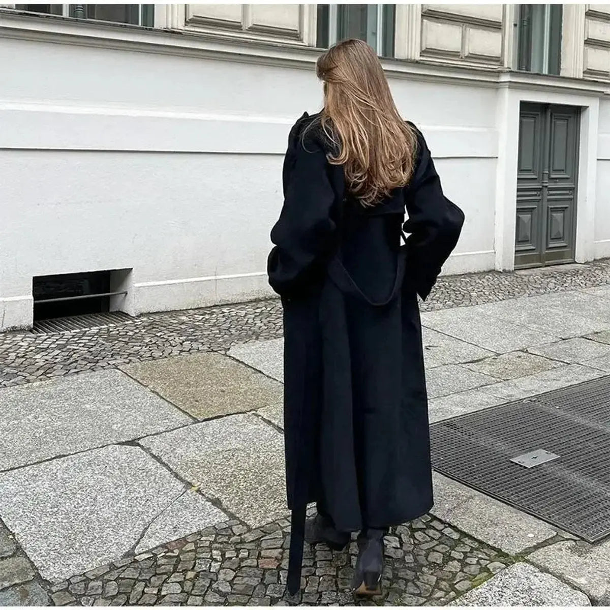 Women's Winter Coat Double-Breasted Belted Long Wool-Look Trench