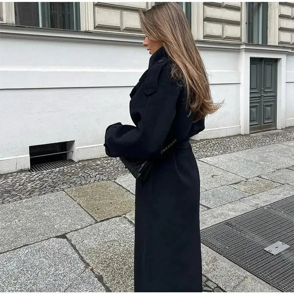 Women's Winter Coat Double-Breasted Belted Long Wool-Look Trench