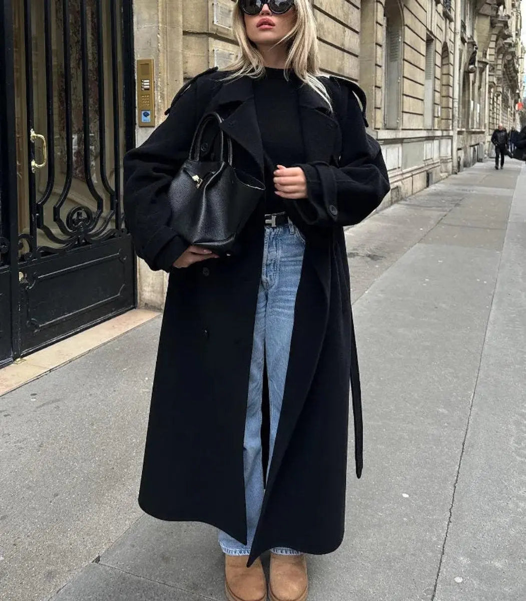 Women's Winter Coat Double-Breasted Belted Long Wool-Look Trench