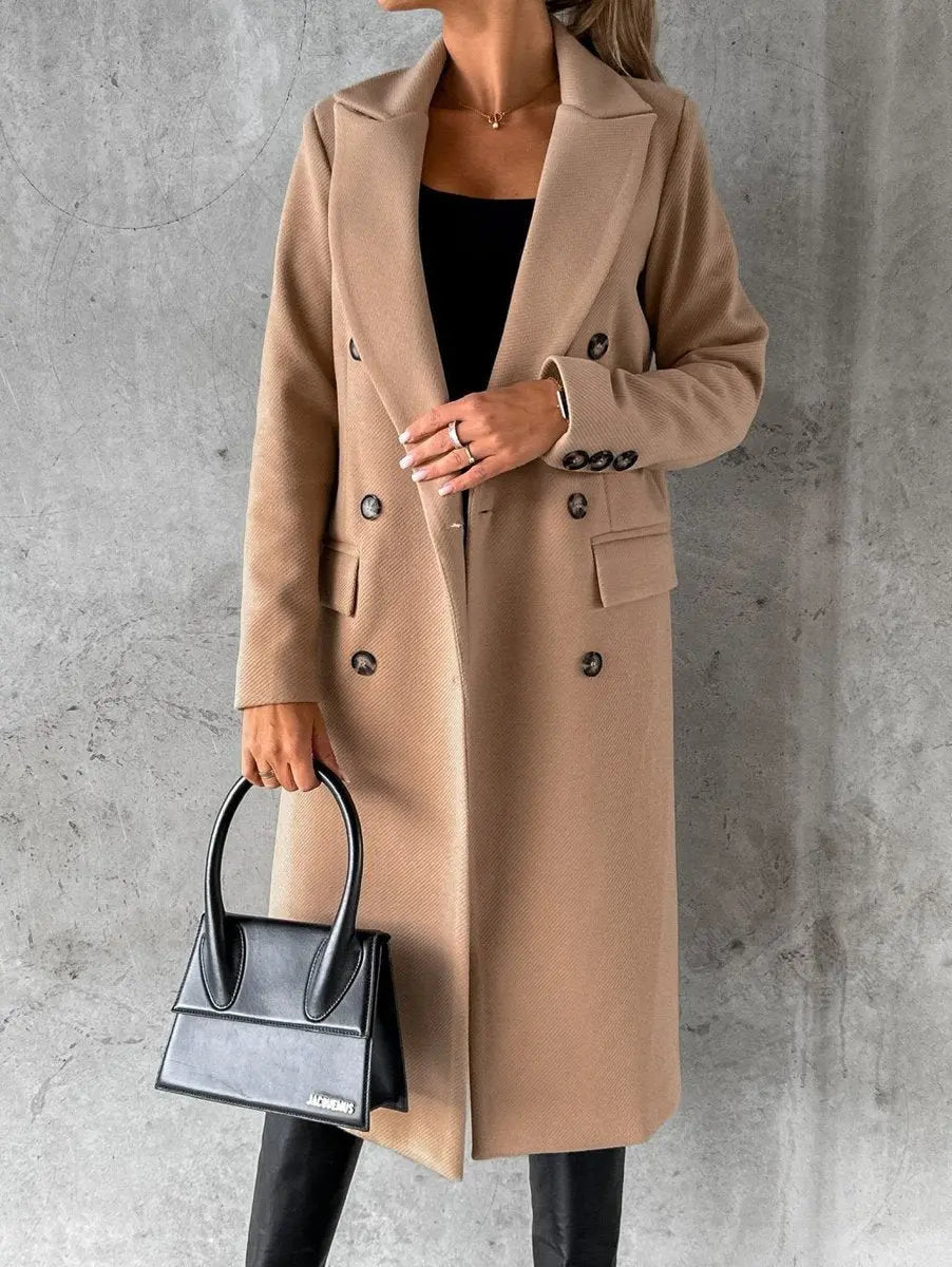 Women's Winter Coat Double-Breasted Longline Wool-Look Overcoat - Khaki