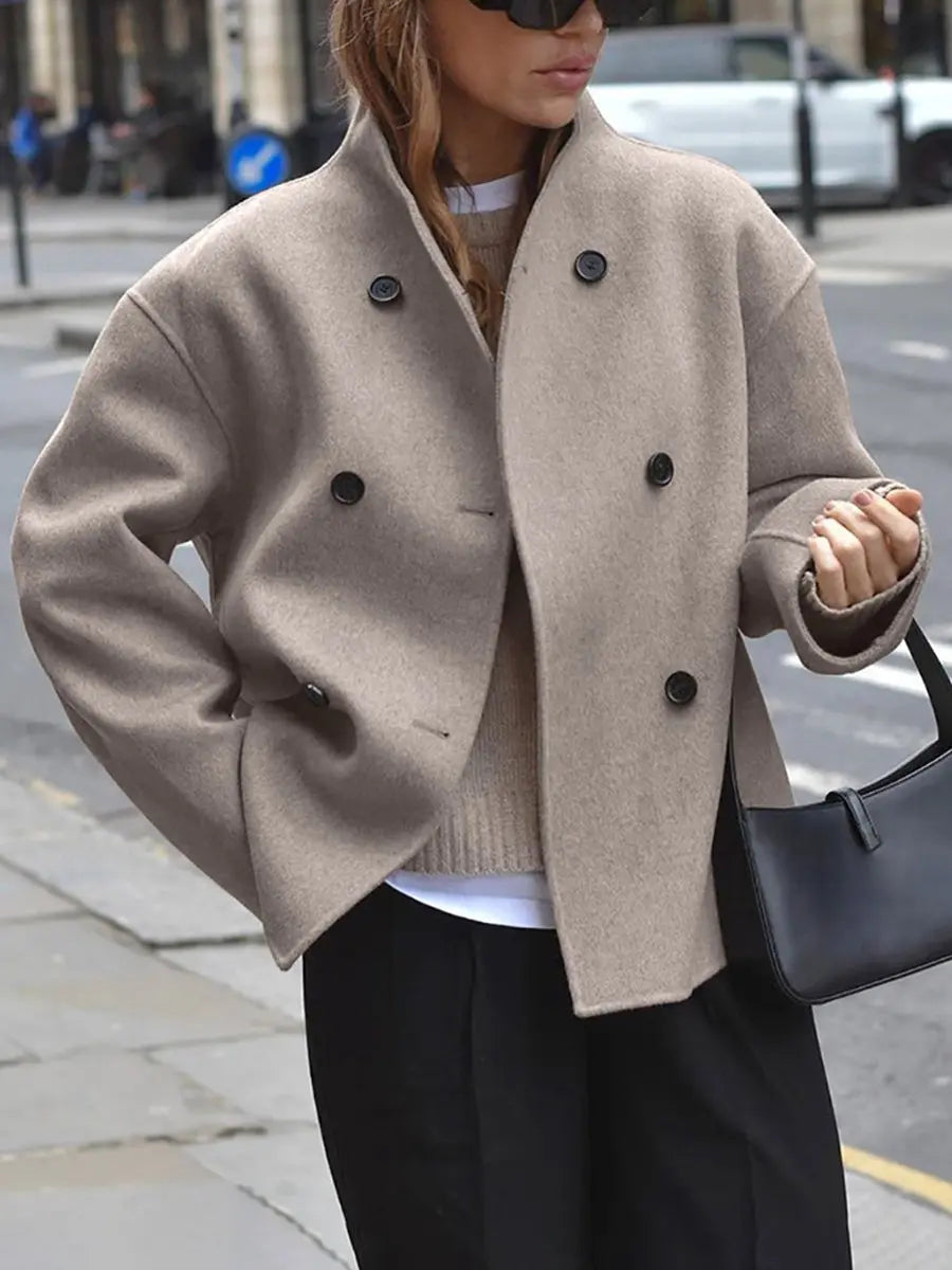 Women's Winter Coat Double Breasted Stand Collar Pea Coat - Taupe