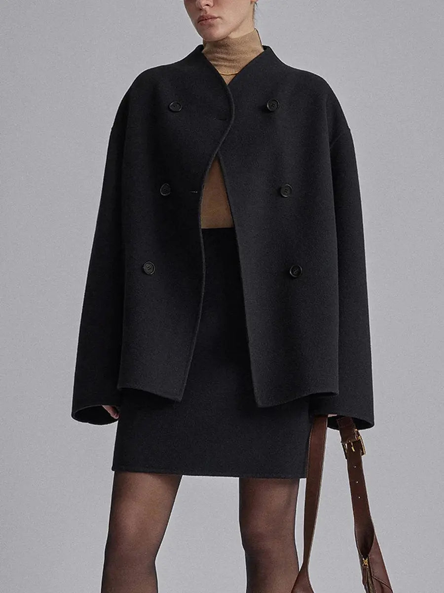 Women's Winter Coat Double Breasted Stand Collar Pea Coat - Black