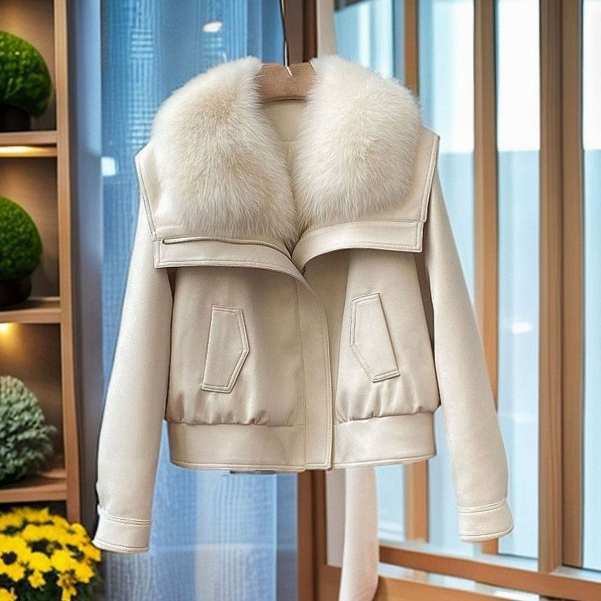 Women's Winter Coat Faux Leather Plush Fur Collar Cropped Jacket - Ivory