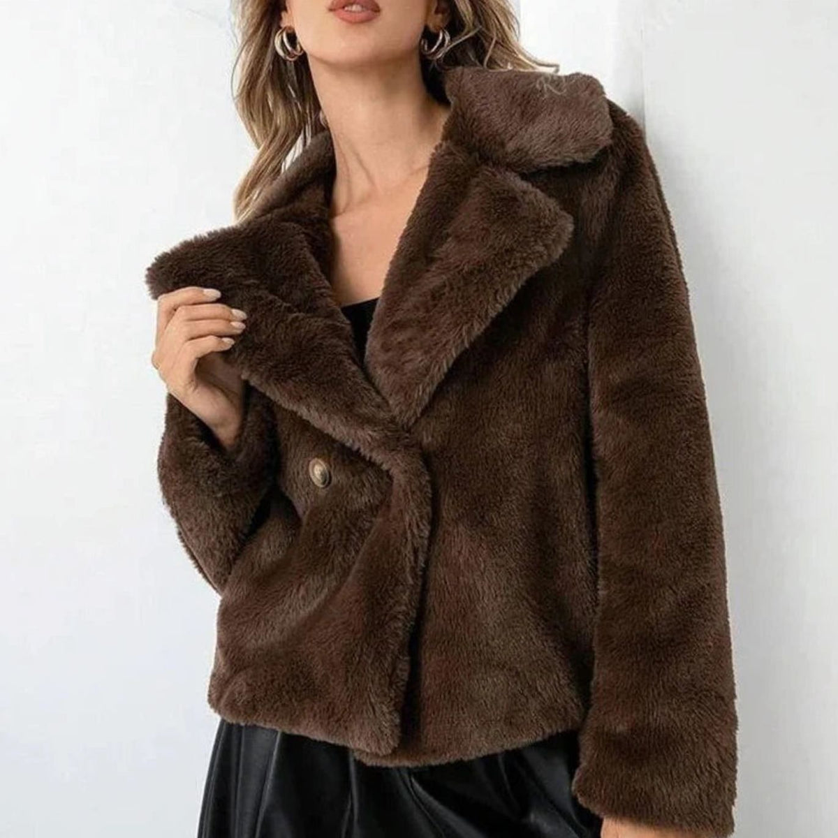 Women's Winter Coat Plush Faux-Fur Double-Breasted Lapel Jacket - Brown