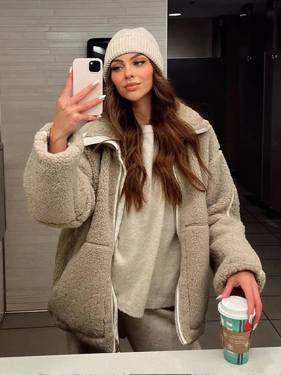 Women's Winter Coat Relaxed Fit Teddy Fleece Zip-Up Jacket - Beige