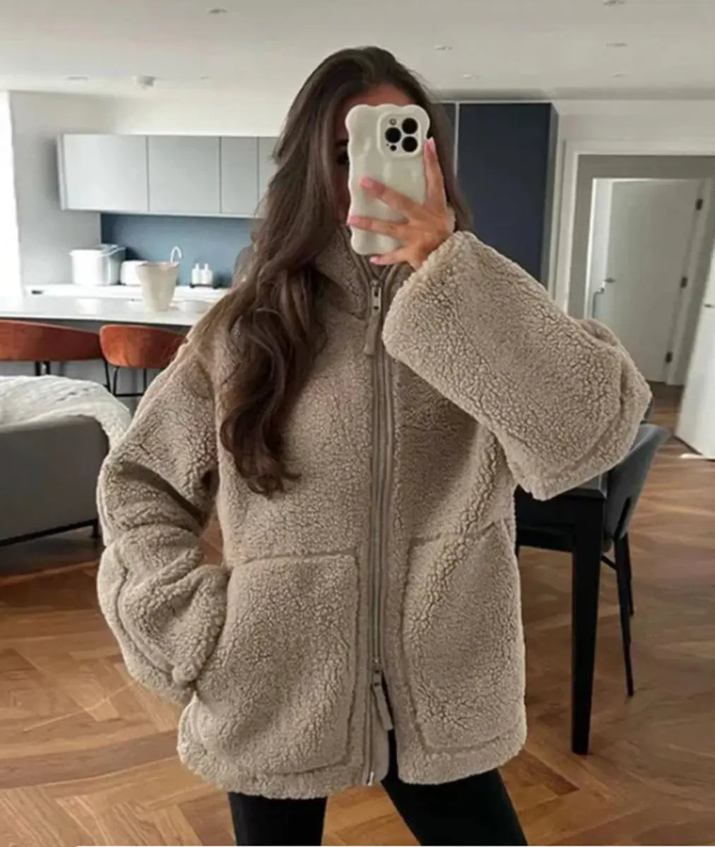 Women's Winter Coat Relaxed Fit Teddy Fleece Zip-Up Jacket - Bronze