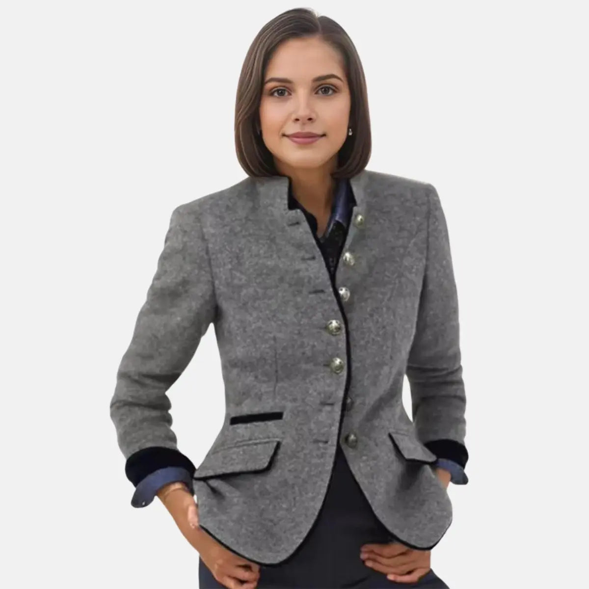 Women's Winter Coat Tweed Blazer Jacket Stand Collar Button Front - Gray