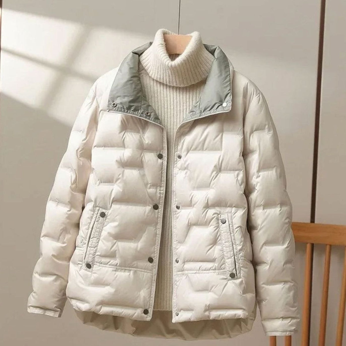 Women's Winter Quilted Down Puffer Coat High Stand Collar - Beige