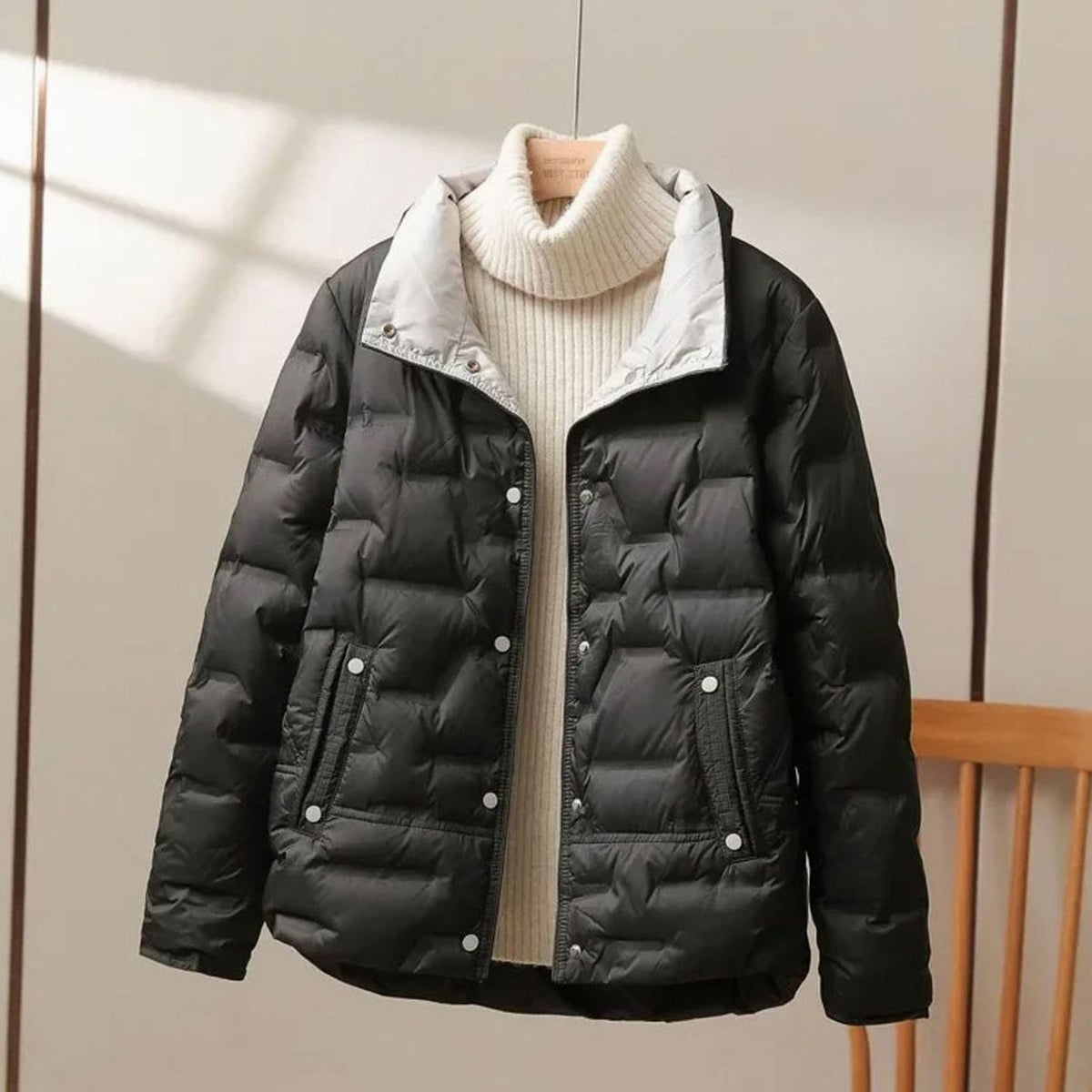 Women's Winter Quilted Down Puffer Coat High Stand Collar - Black