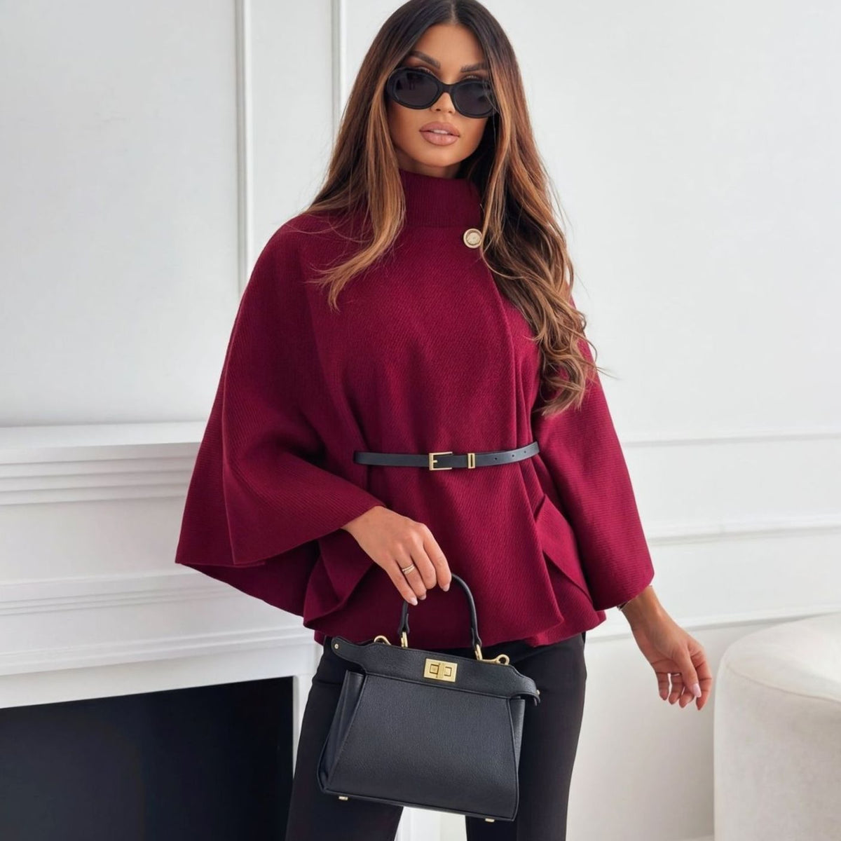 Women's Wool Blend Batwing Cape Belted Winter Coat Jacket - Red