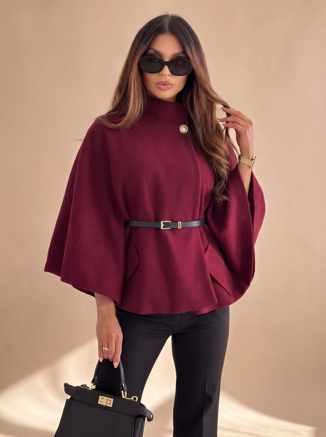 Women's Wool Blend Batwing-Sleeve Belted Cape Jacket - Red