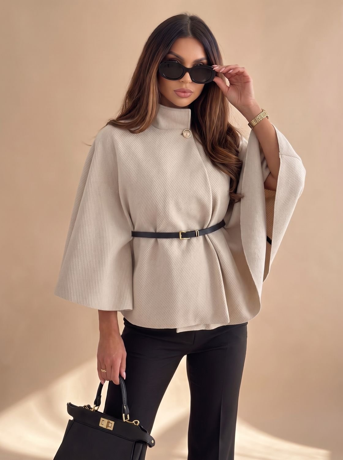 Women's Wool Blend Batwing-Sleeve Belted Cape Jacket - Cream