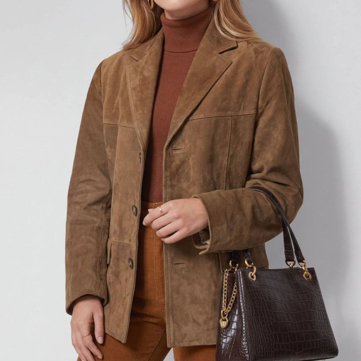 Women's Wool Blend Single-Breasted Lapel Overcoat - Brown