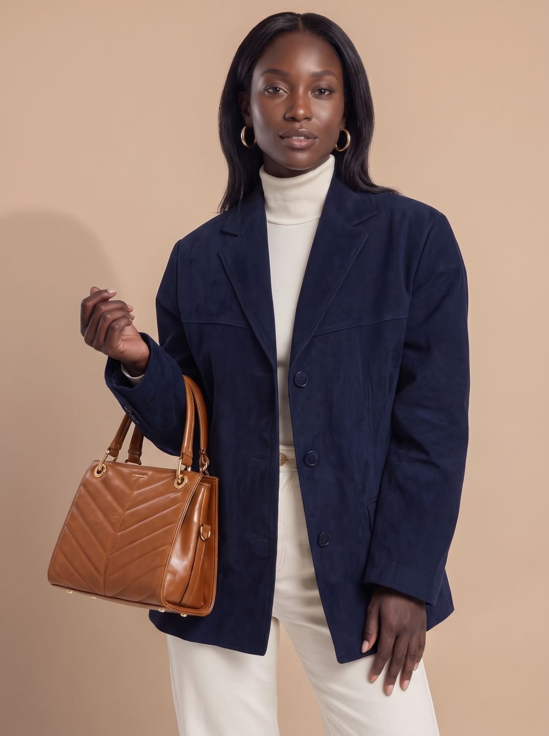 Women's Wool Blend Single-Breasted Lapel Overcoat, Brown - Blue
