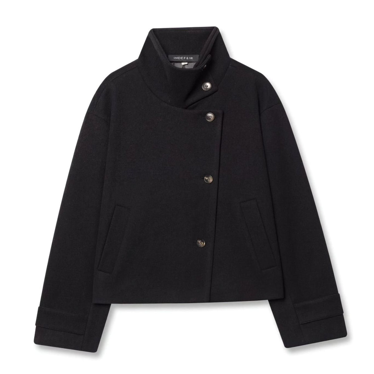 Women's Wool-Blend Stand-Collar Cropped Winter Coat Jacket - Black