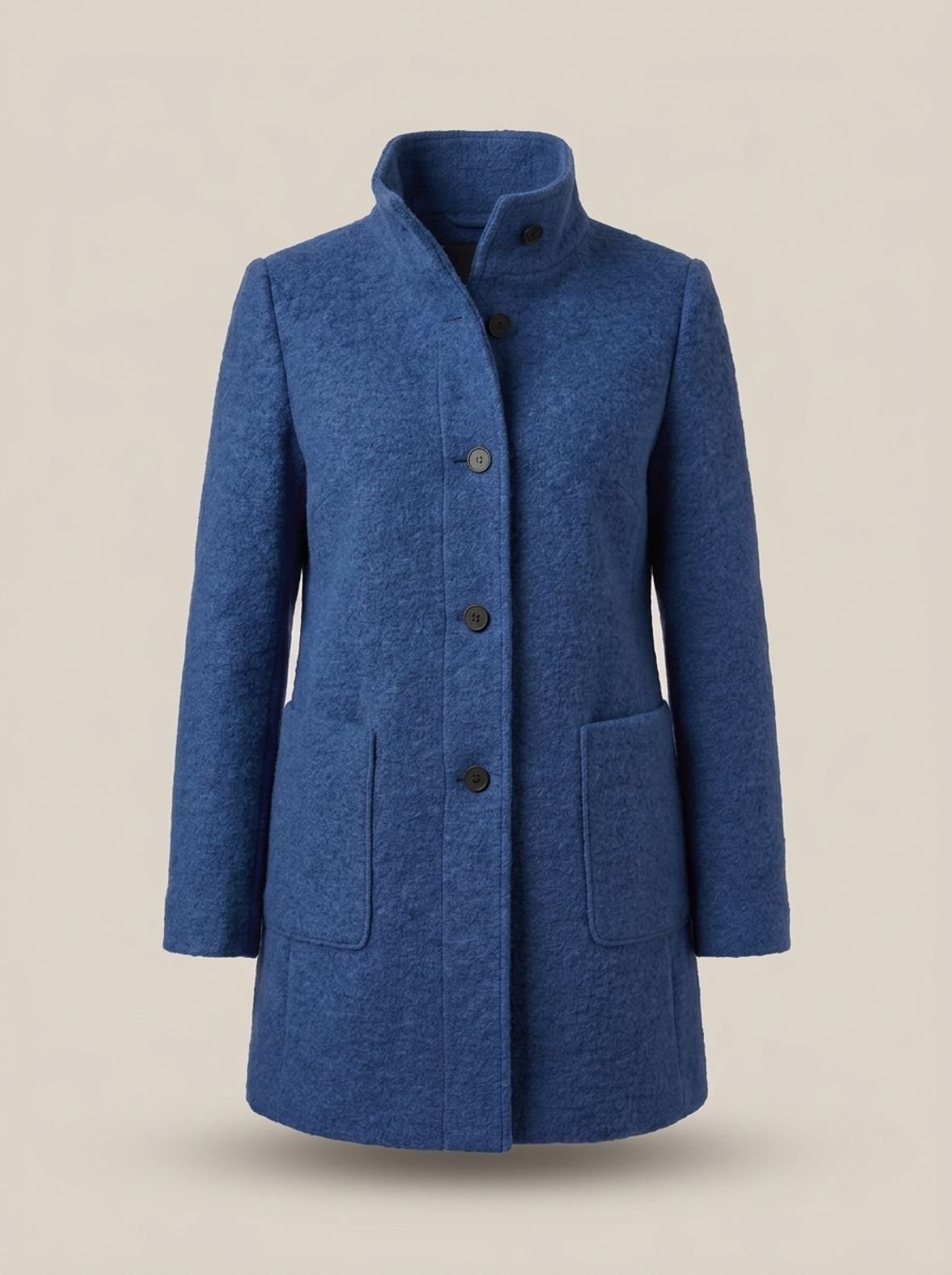 Women's Wool Blend Trench Coat High-Collar Button-Front Longline - Navy