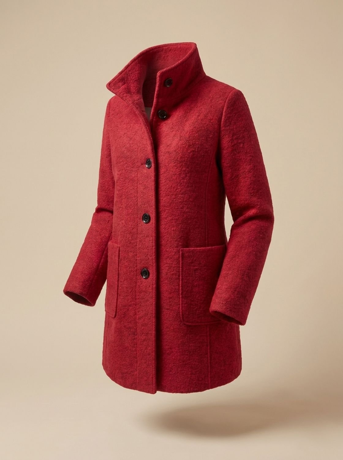 Women's Wool Blend Trench Coat High-Collar Button-Front Longline - Red