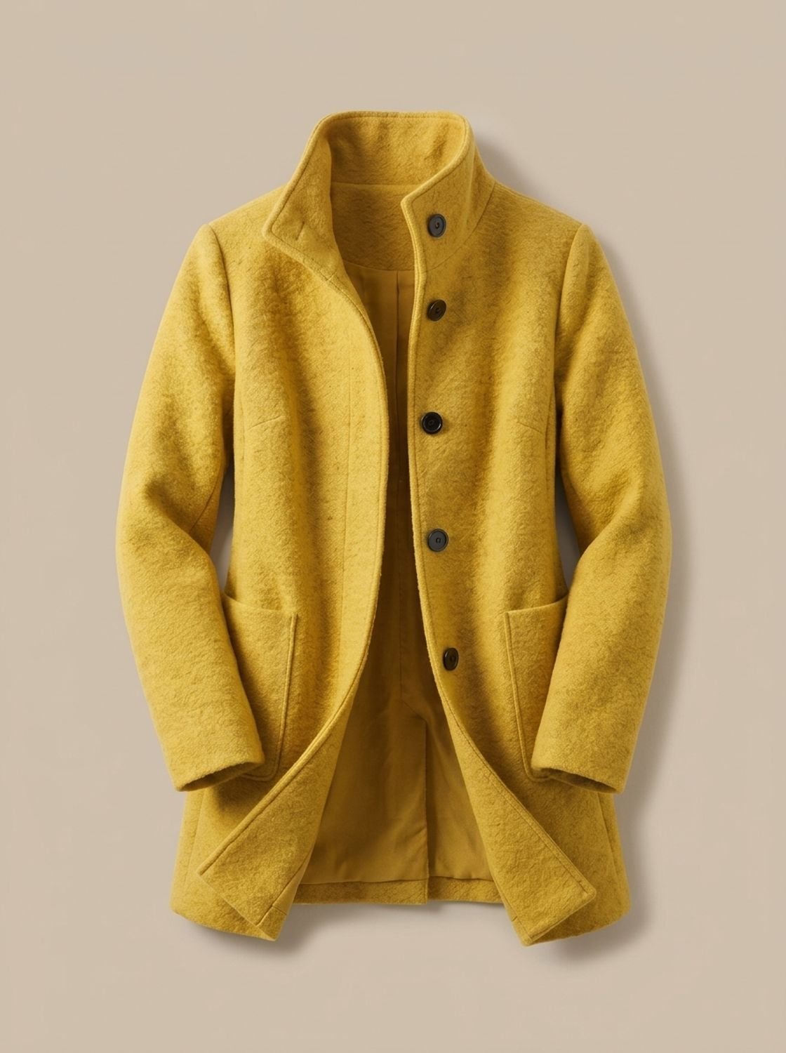 Women's Wool Blend Trench Coat High-Collar Button-Front Longline - Yellow