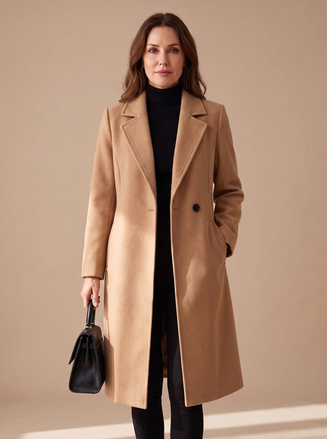 Women's Wool Coat Tailored Longline Belted Overcoat