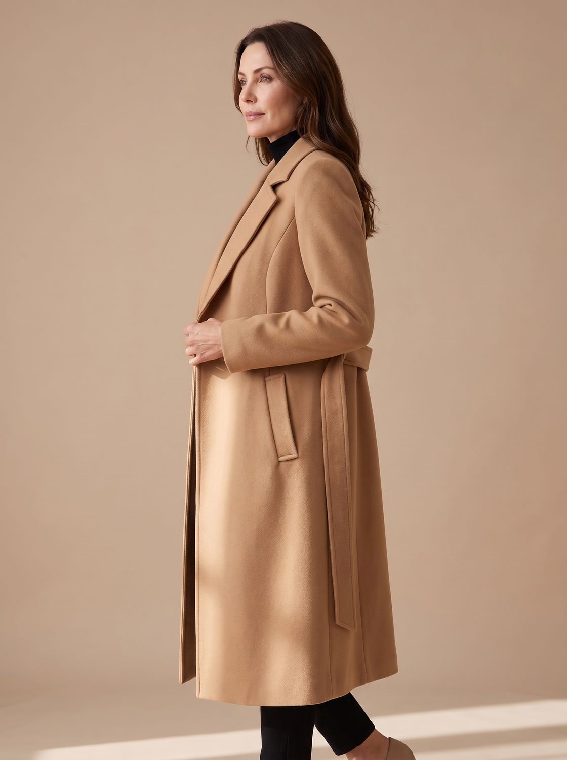 Women's Wool Coat Tailored Longline Belted Overcoat
