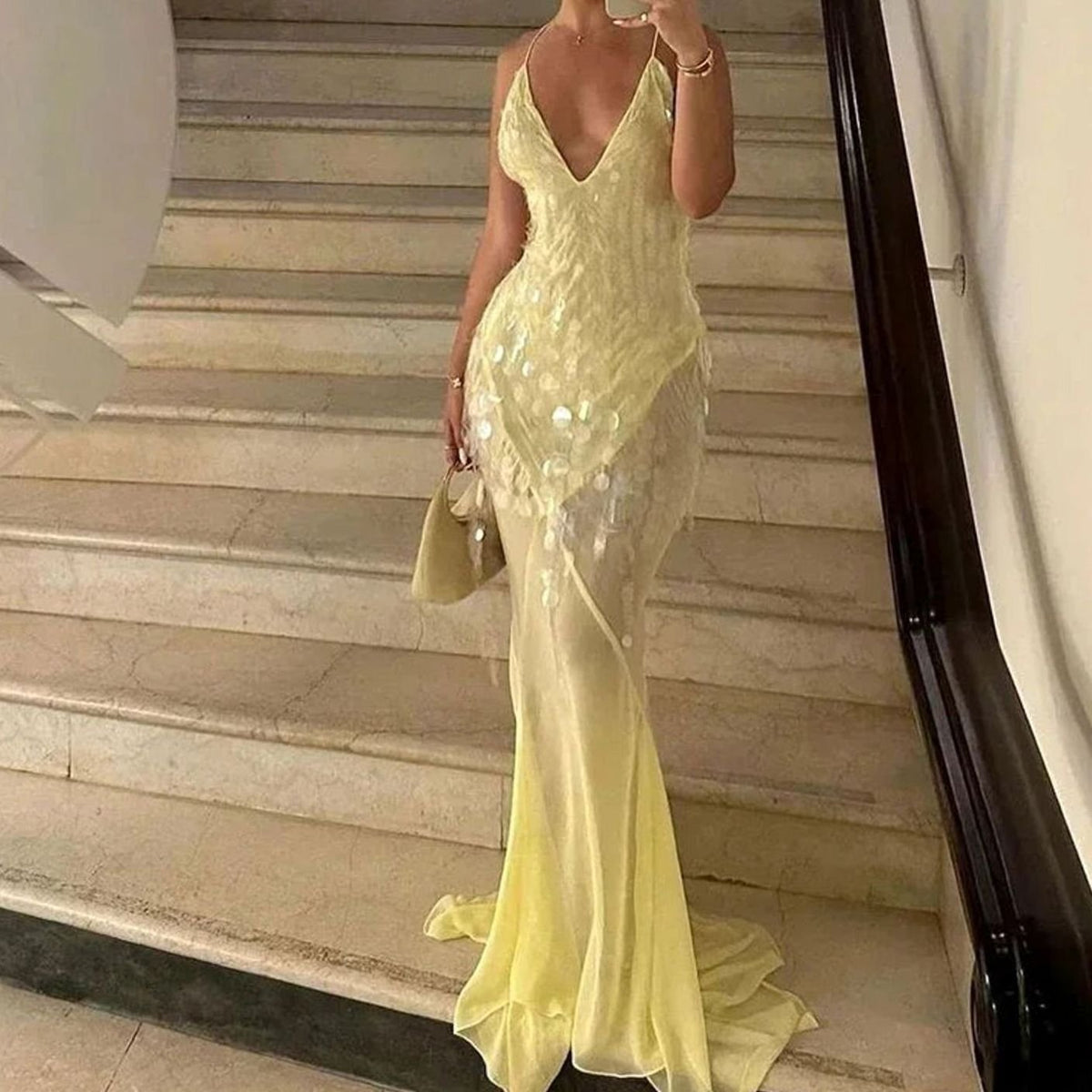 Women's Yellow Sequin Crossback V-Neck Maxi Party Dress - Yellow