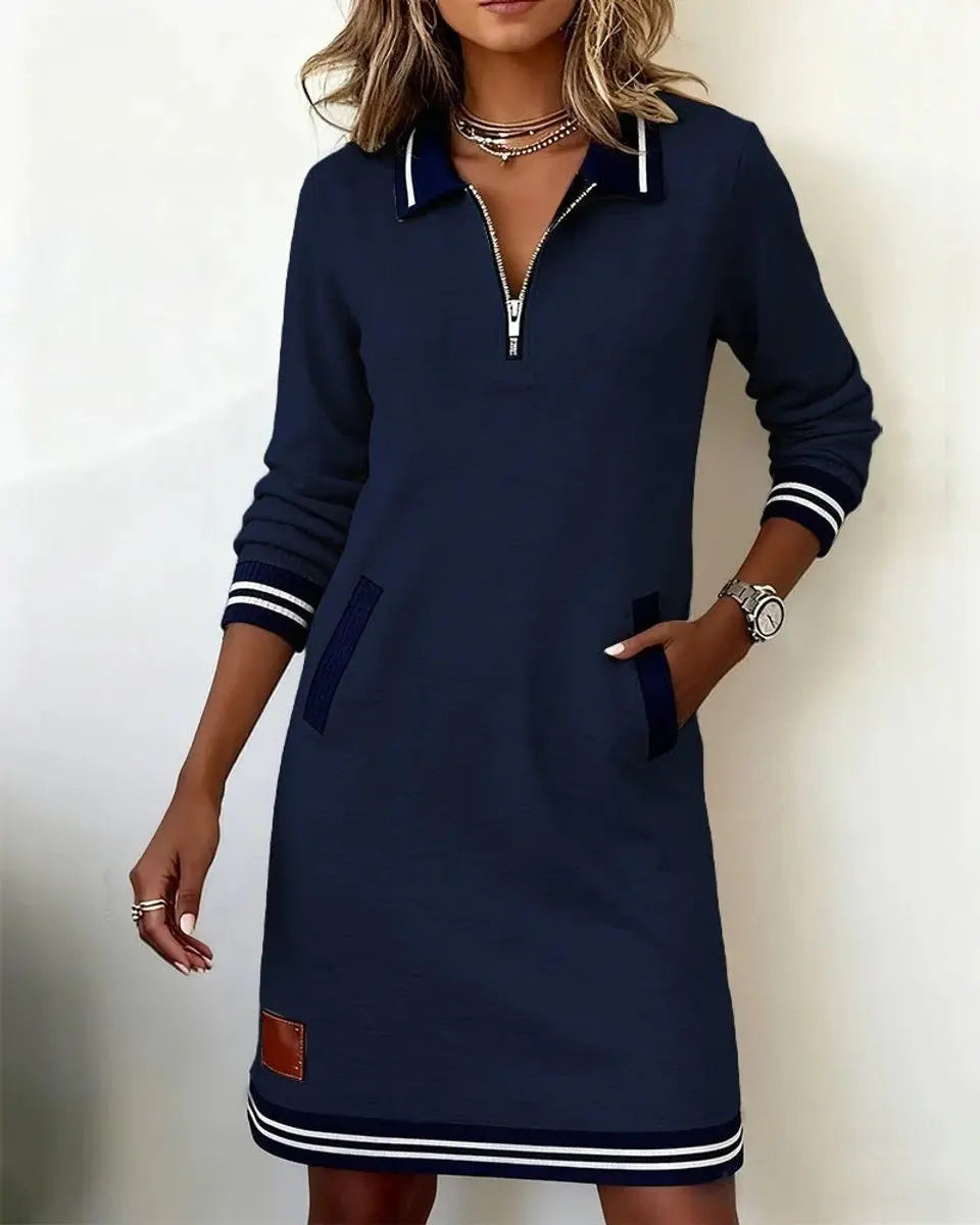 Women's Zip-Collar Midi Long Sleeve Dress Striped Trim Side Pockets
