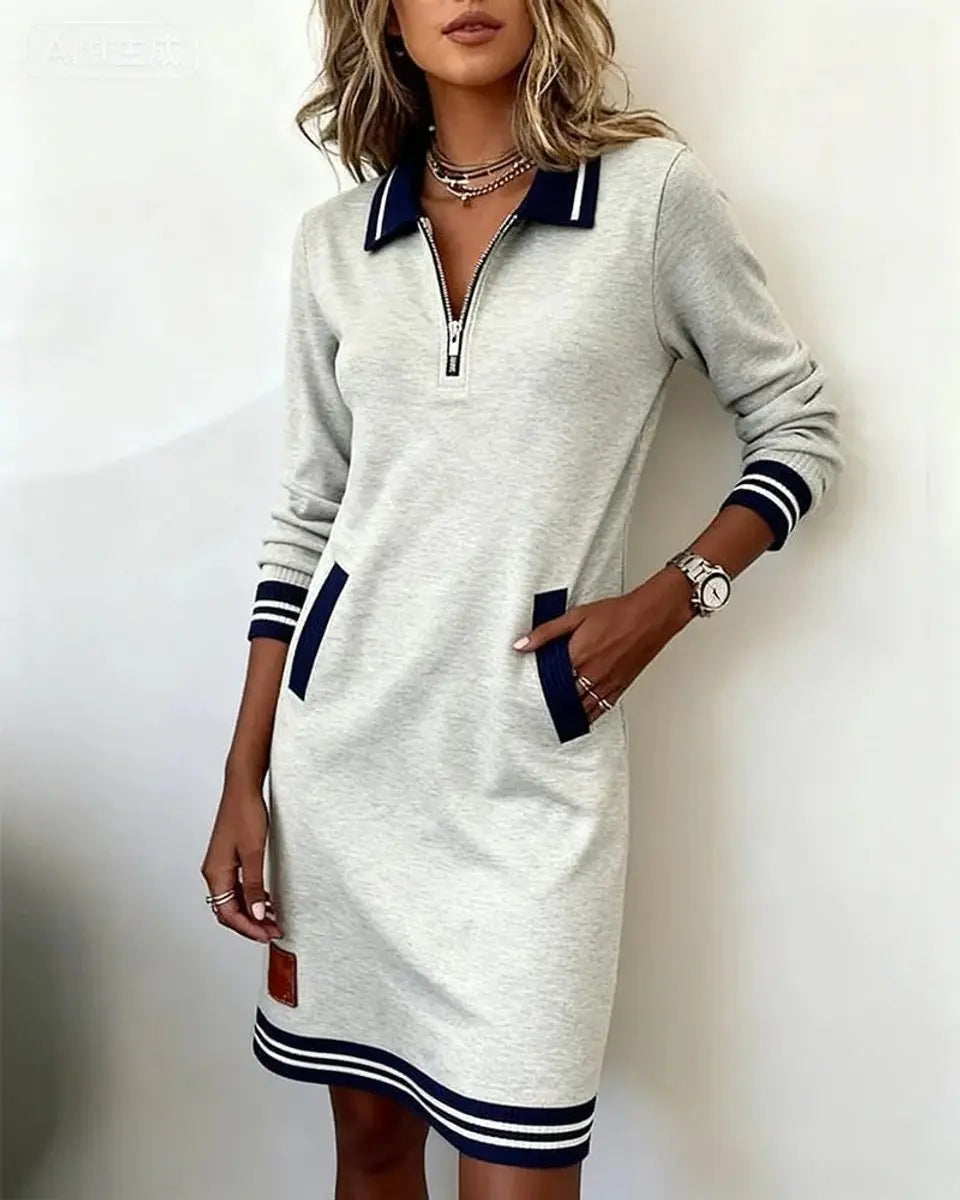 Women's Zip-Collar Midi Long Sleeve Dress Striped Trim Side Pockets