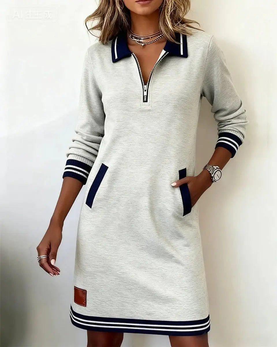 Women's Zip-Collar Midi Long Sleeve Dress Striped Trim Side Pockets - Grey