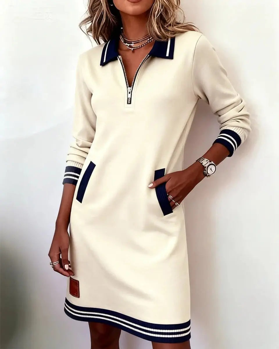 Women's Zip-Collar Midi Long Sleeve Dress Striped Trim Side Pockets - White