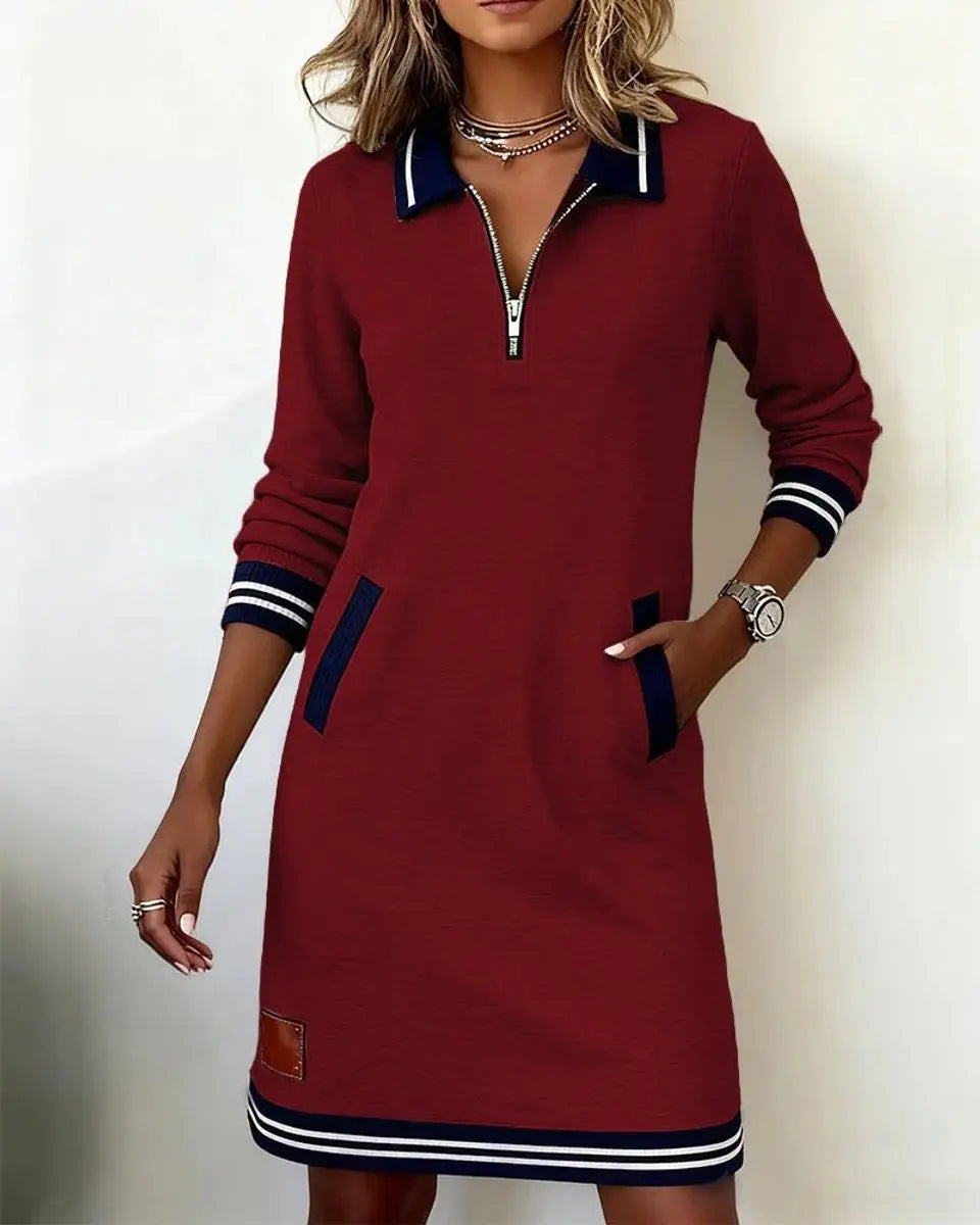 Women's Zip-Collar Midi Long Sleeve Dress Striped Trim Side Pockets - Red