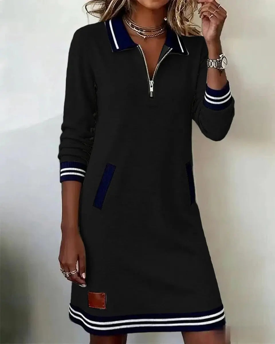 Women's Zip-Collar Midi Long Sleeve Dress Striped Trim Side Pockets