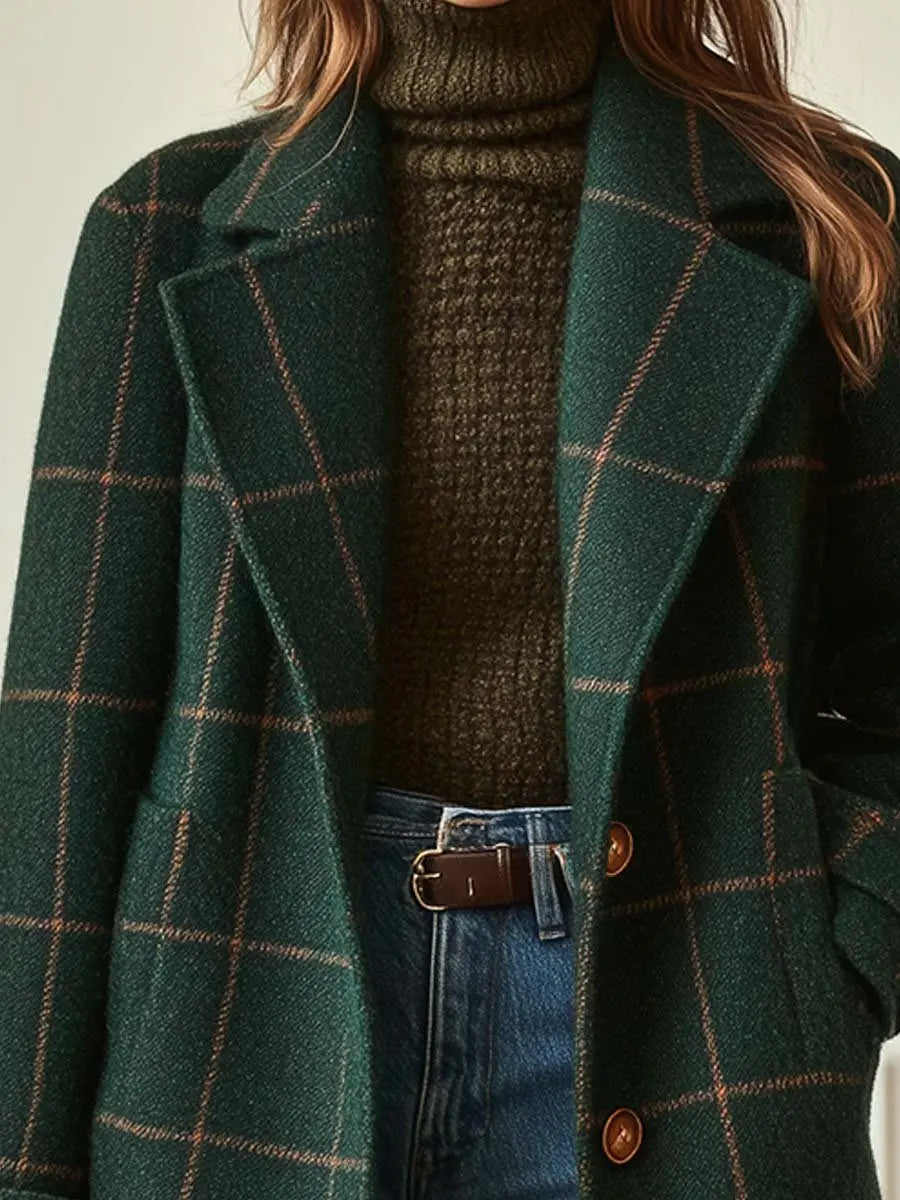 Wool Blend Check Coat Double Breasted Lapel Collar Winter