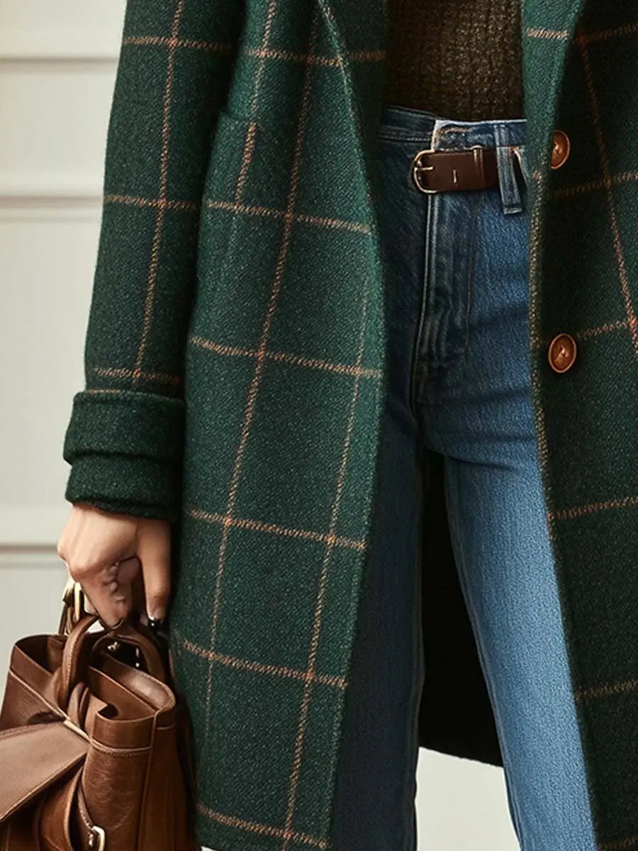 Wool Blend Check Coat Double Breasted Lapel Collar Winter