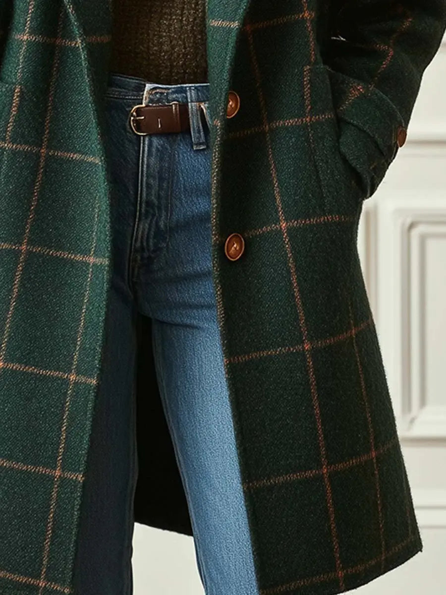 Wool Blend Check Coat Double Breasted Lapel Collar Winter