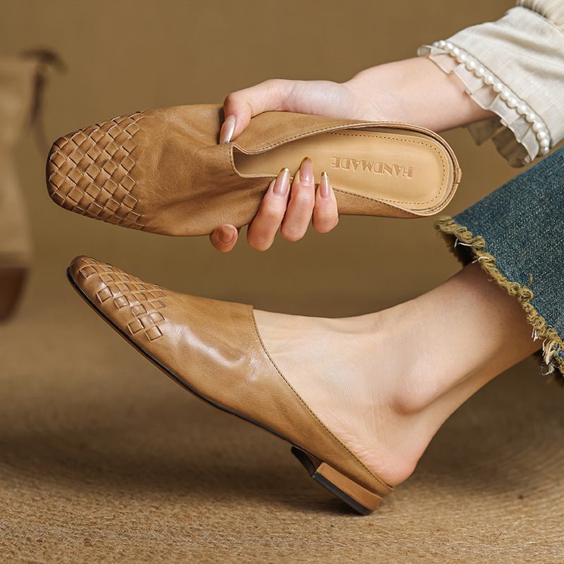 Woven Leather Mules Square Toe Low Heel - Khaki