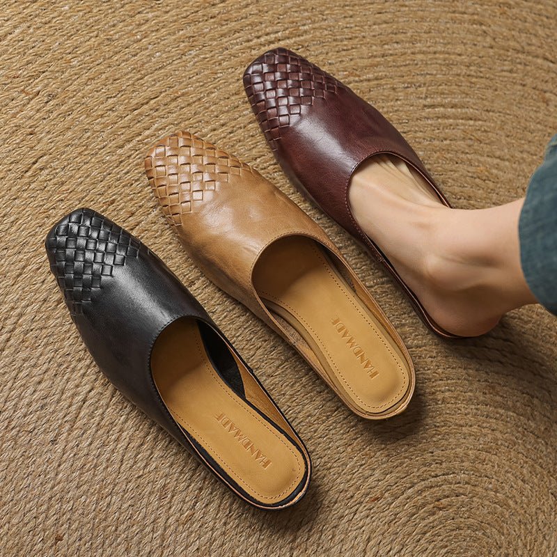Woven Leather Mules Square Toe Low Heel