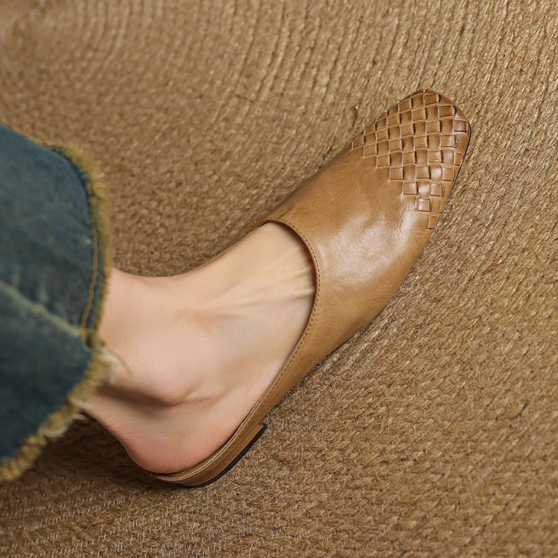 Woven Leather Mules Square Toe Low Heel