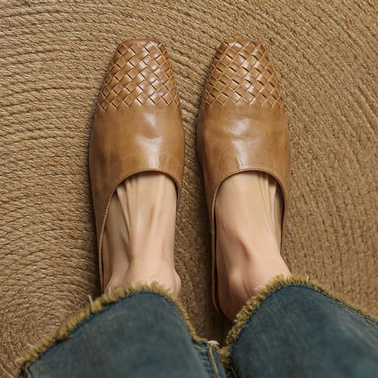 Woven Leather Mules Square Toe Low Heel