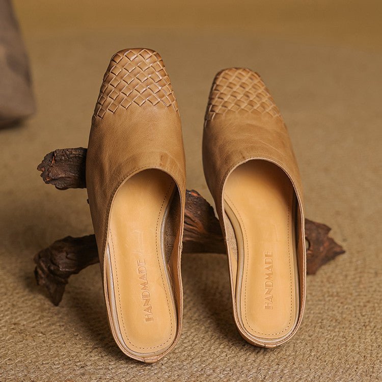 Woven Leather Mules Square Toe Low Heel