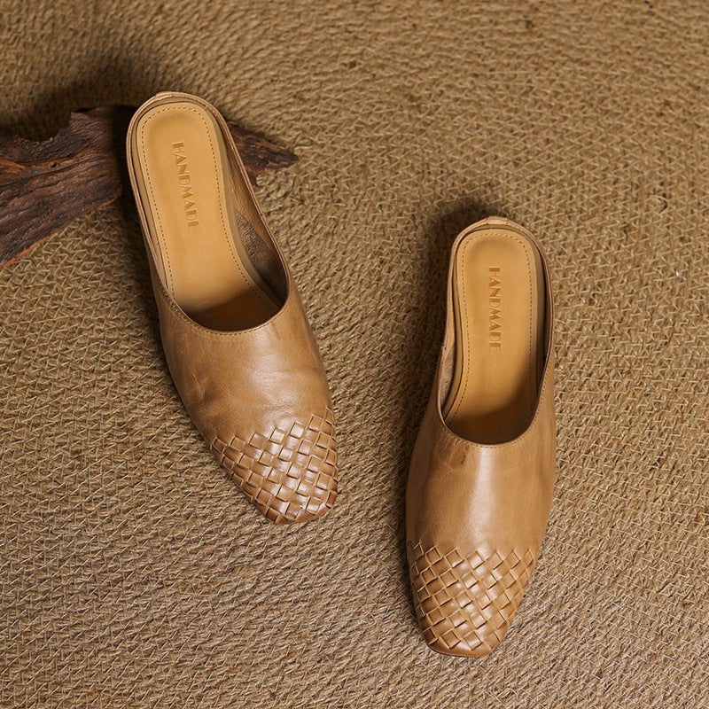 Woven Leather Mules Square Toe Low Heel