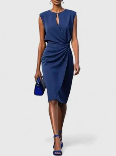 Wrap Dress Keyhole Neck Ruched Waist Knee Length - Navy Blue