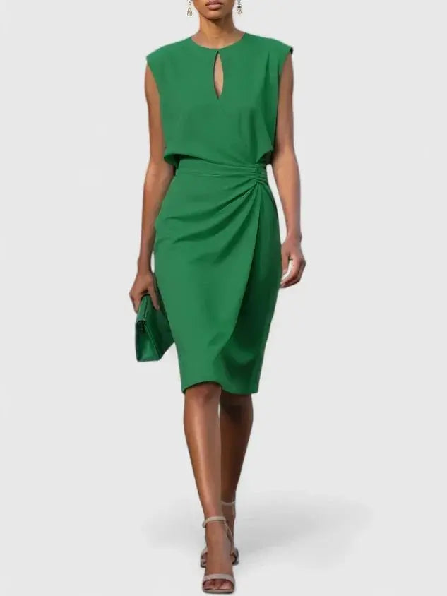 Wrap Dress Keyhole Neck Ruched Waist Knee Length - Green