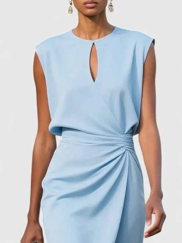 Wrap Dress Keyhole Neck Ruched Waist Knee Length
