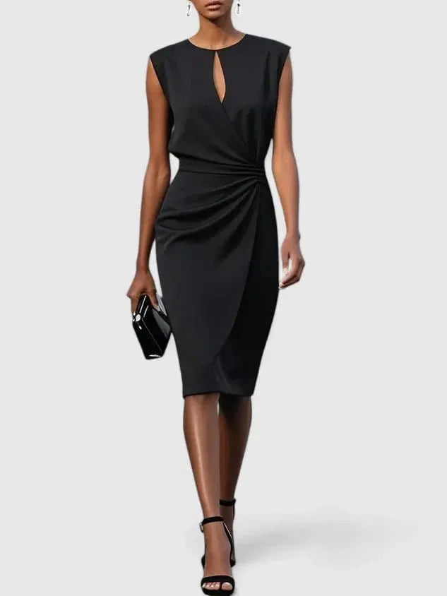Wrap Dress Keyhole Neck Ruched Waist Knee Length - Black