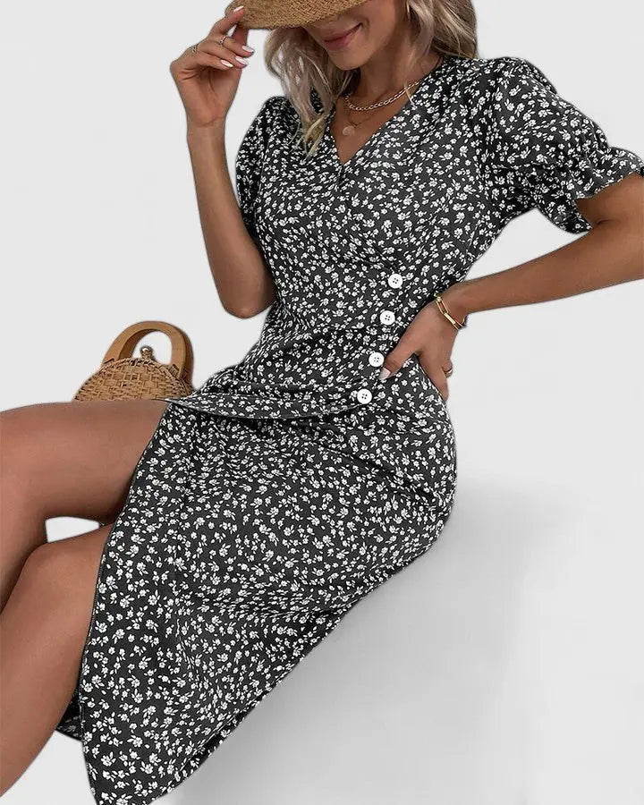 Wrap Midi Dress V-Neck Short Sleeve Floral Summer