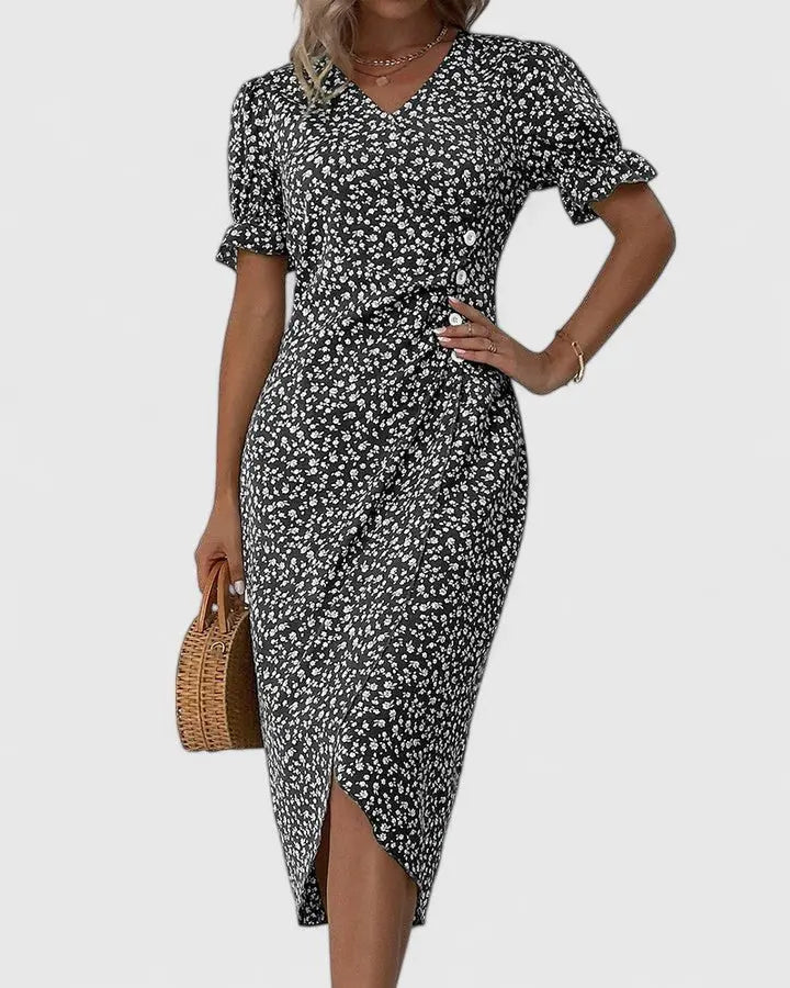 Wrap Midi Dress V-Neck Short Sleeve Floral Summer