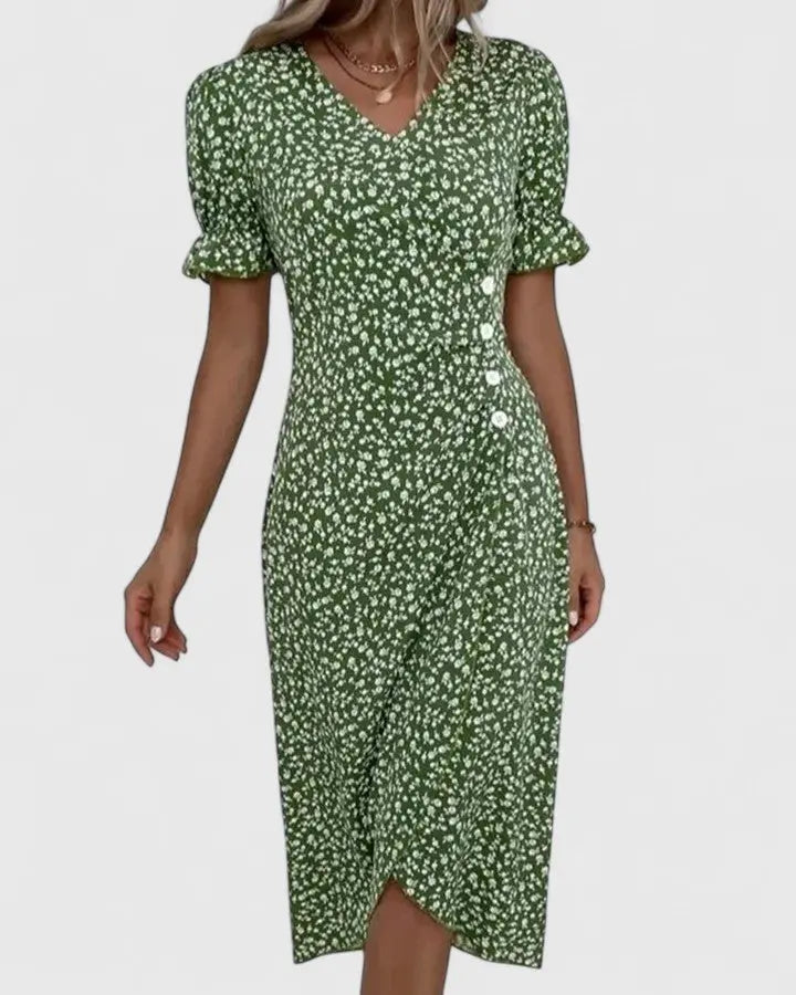 Wrap Midi Dress V-Neck Short Sleeve Floral Summer