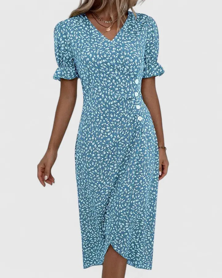 Wrap Midi Dress V-Neck Short Sleeve Floral Summer